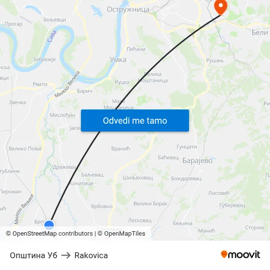 Општина Уб to Rakovica map