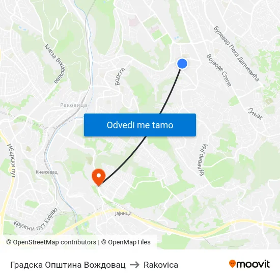 Градска Општина Вождовац to Rakovica map