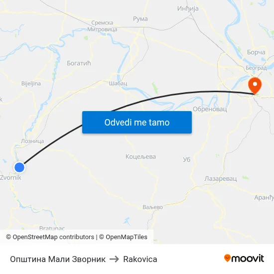 Општина Мали Зворник to Rakovica map
