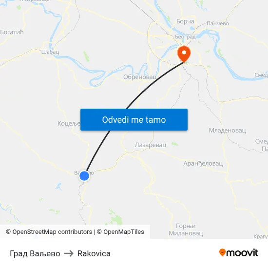 Град Ваљево to Rakovica map