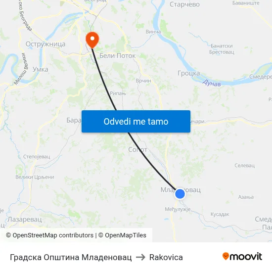 Градска Општина Младеновац to Rakovica map
