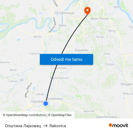 Општина Лајковац to Rakovica map