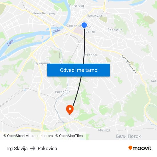 Trg Slavija to Rakovica map