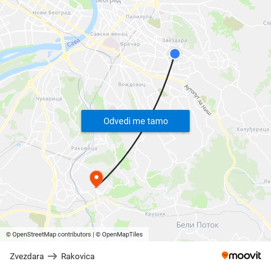 Zvezdara to Rakovica map