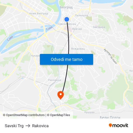 Savski Trg to Rakovica map