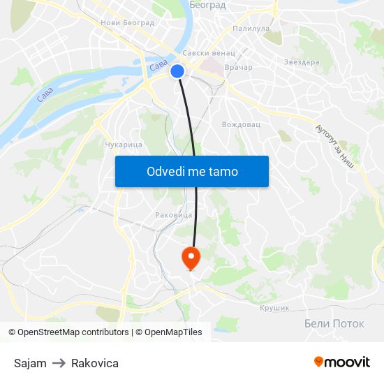 Sajam to Rakovica map