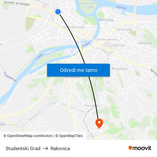 Studentski Grad to Rakovica map