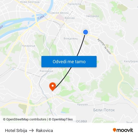 Hotel Srbija to Rakovica map