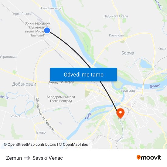 Zemun to Savski Venac map