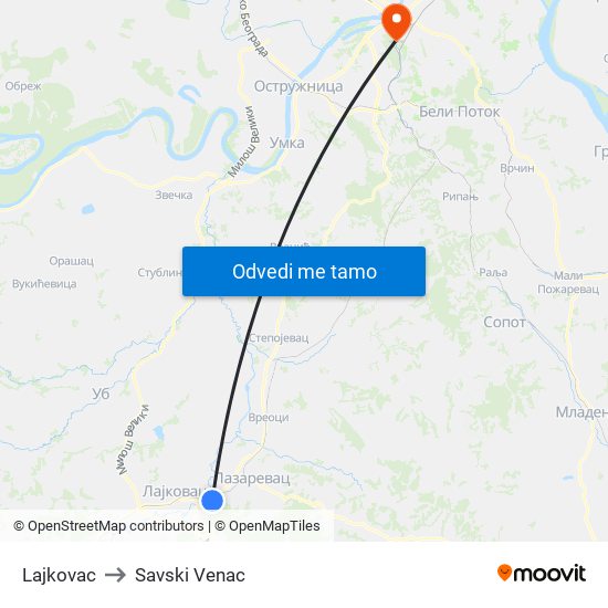Lajkovac to Savski Venac map
