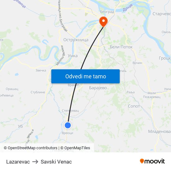 Lazarevac to Savski Venac map