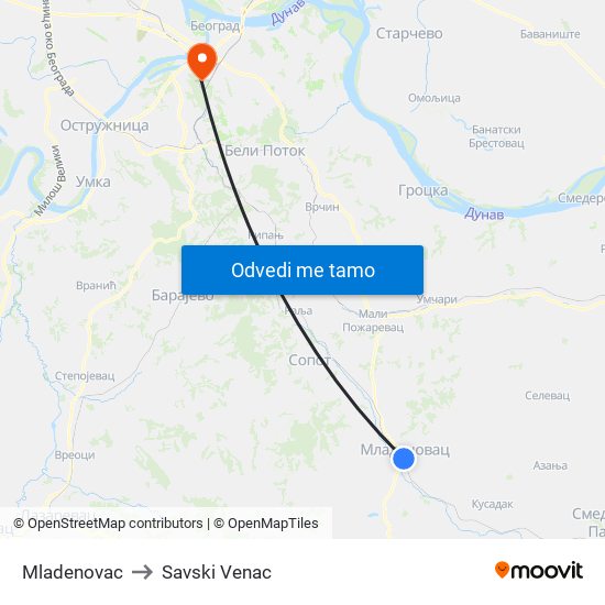 Mladenovac to Savski Venac map