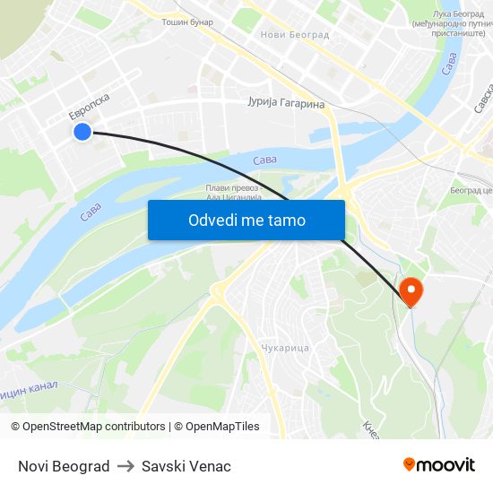 Novi Beograd to Savski Venac map