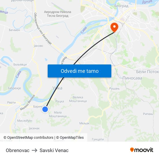 Obrenovac to Savski Venac map