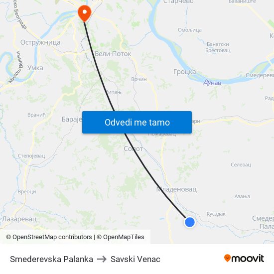Smederevska Palanka to Savski Venac map