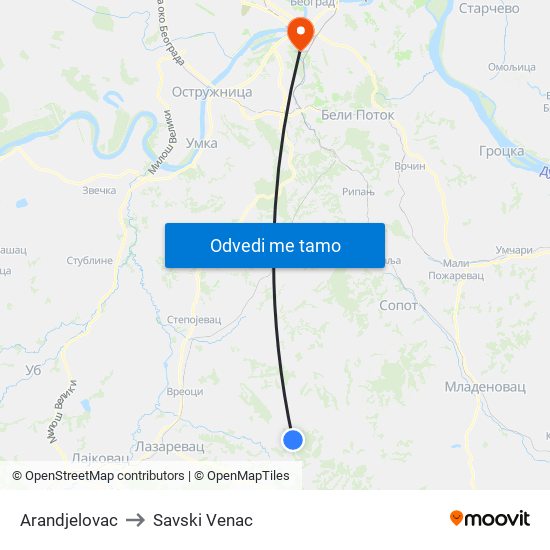 Arandjelovac to Savski Venac map