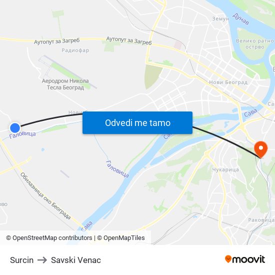 Surcin to Savski Venac map