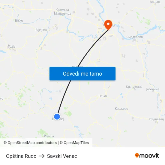 Opština Rudo to Savski Venac map