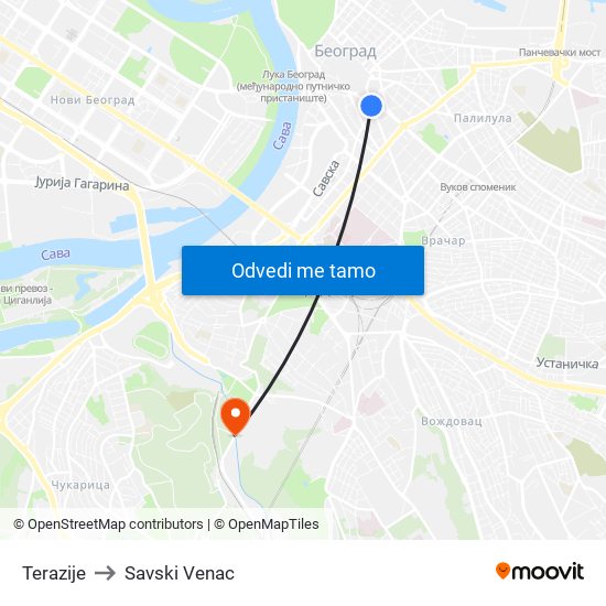 Terazije to Savski Venac map