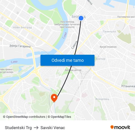 Studentski Trg to Savski Venac map