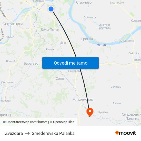 Zvezdara to Smederevska Palanka map