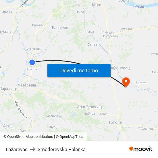 Lazarevac to Smederevska Palanka map