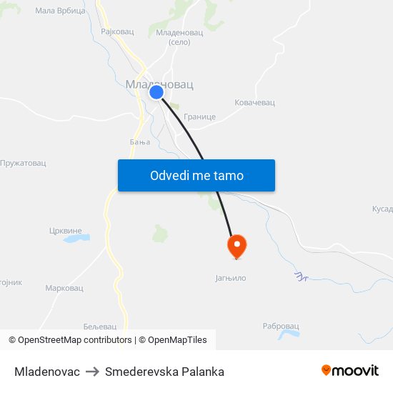 Mladenovac to Smederevska Palanka map