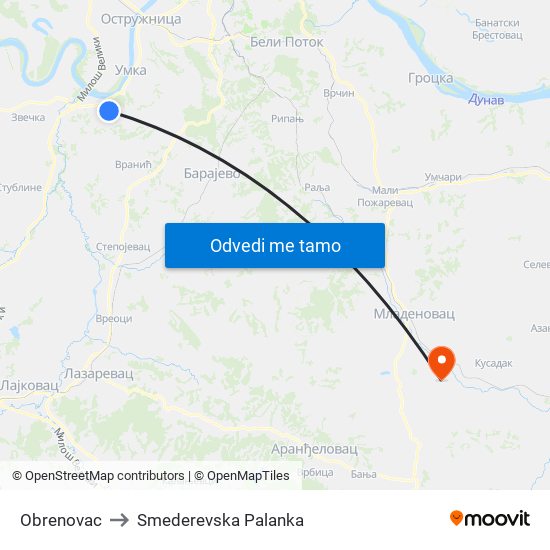 Obrenovac to Smederevska Palanka map