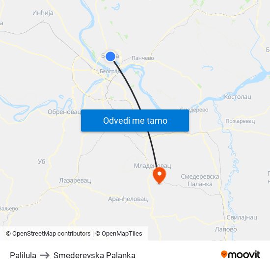 Palilula to Smederevska Palanka map