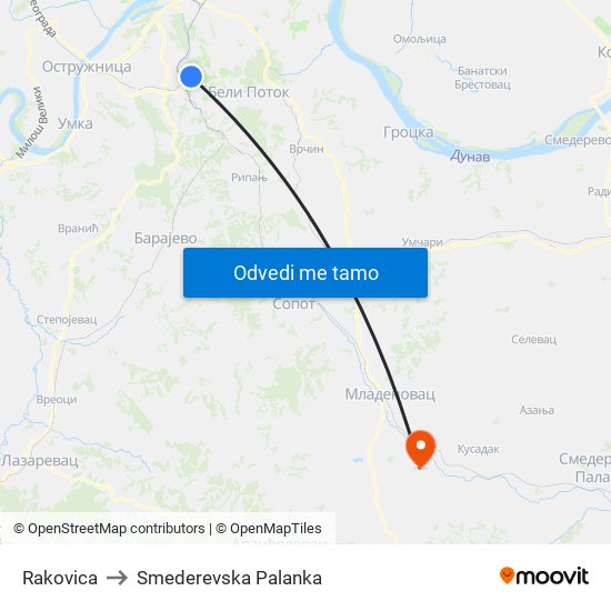 Rakovica to Smederevska Palanka map