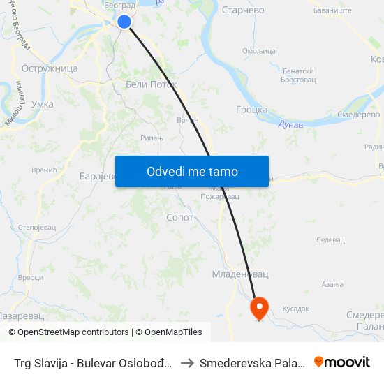 Trg Slavija - Bulevar Oslobođenja to Smederevska Palanka map