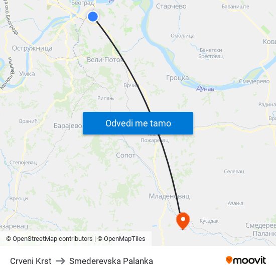 Crveni Krst to Smederevska Palanka map