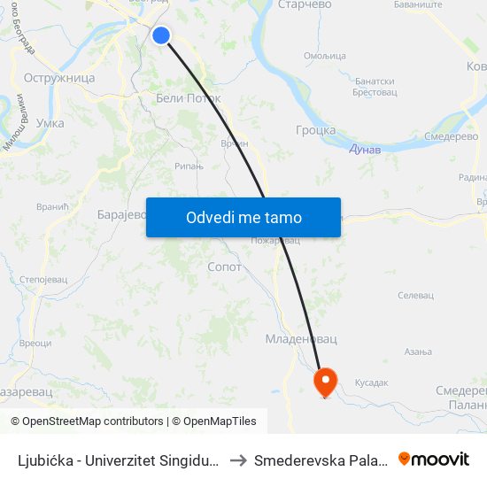 Ljubićka - Univerzitet Singidunum to Smederevska Palanka map