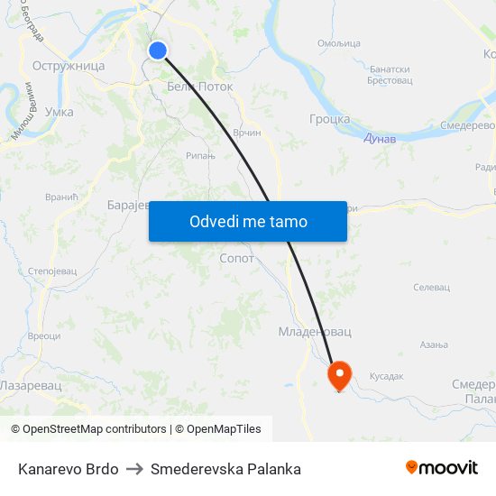 Kanarevo Brdo to Smederevska Palanka map