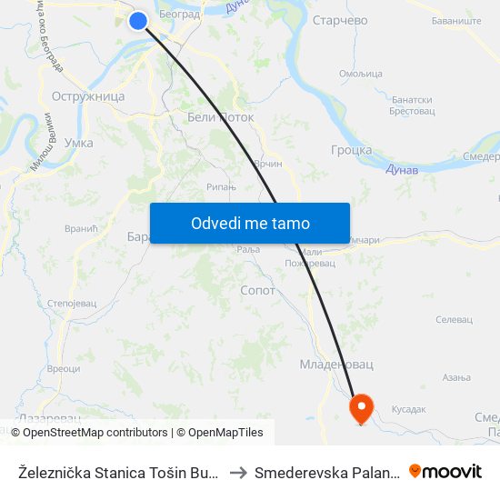 Železnička Stanica Tošin Bunar to Smederevska Palanka map