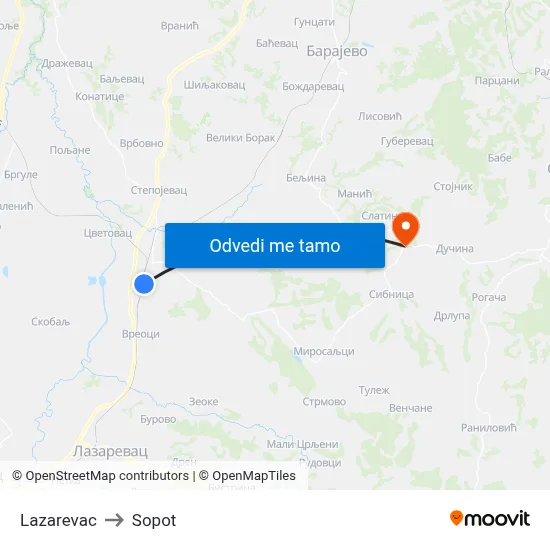 Lazarevac to Sopot map