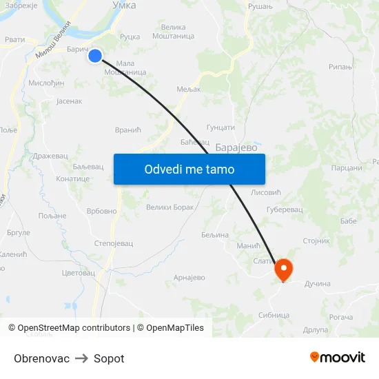 Obrenovac to Sopot map