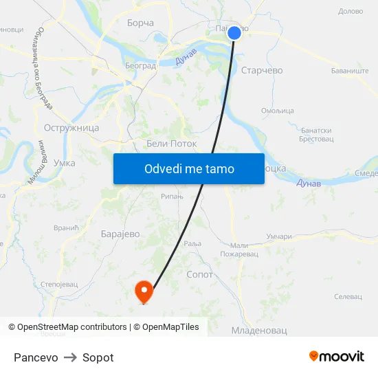 Pancevo to Sopot map