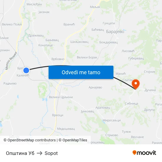 Општина Уб to Sopot map