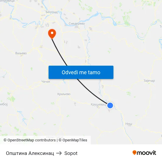 Општина Алексинац to Sopot map