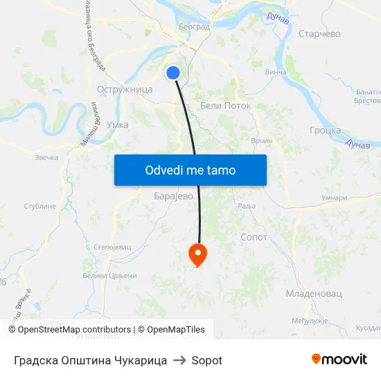 Градска Општина Чукарица to Sopot map