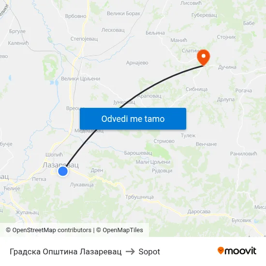 Градска Општина Лазаревац to Sopot map