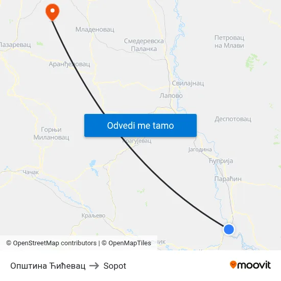 Општина Ћићевац to Sopot map