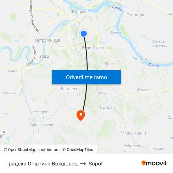 Градска Општина Вождовац to Sopot map