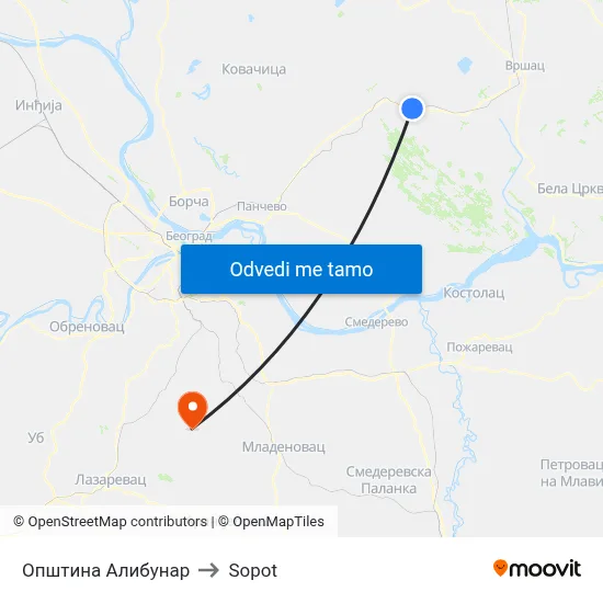 Општина Алибунар to Sopot map