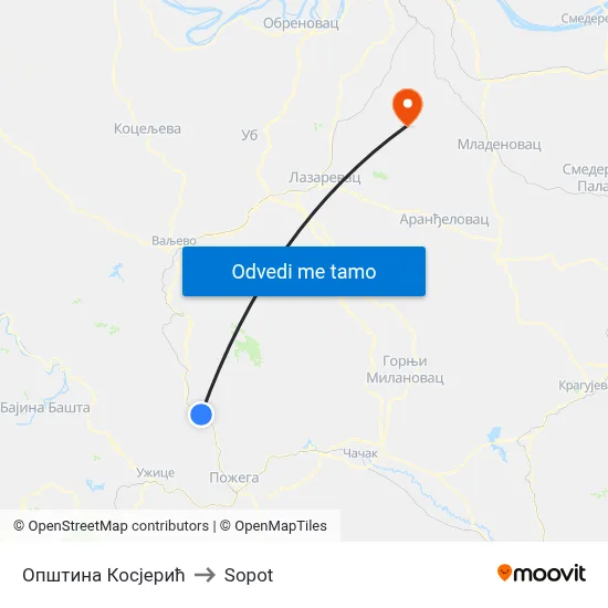 Општина Косјерић to Sopot map