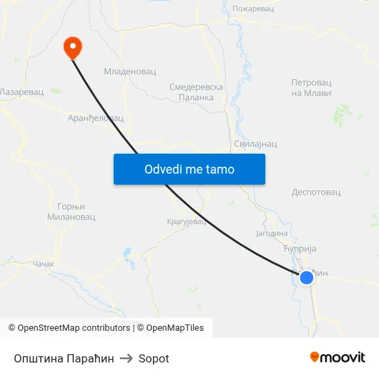 Општина Параћин to Sopot map