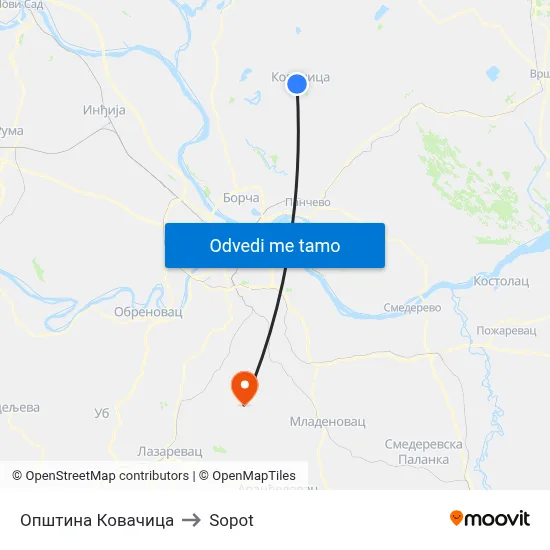 Општина Ковачица to Sopot map