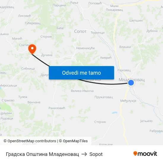 Градска Општина Младеновац to Sopot map