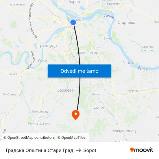 Градска Општина Стари Град to Sopot map